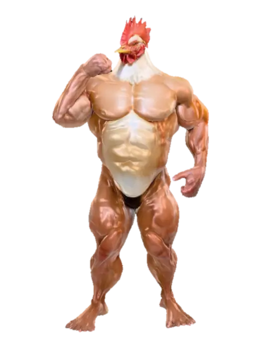 A large chicken egg with a glossy white shell, seamlessly sprouting a muscular… - Bodybuilder 3D model, vytvořený pomocí AI