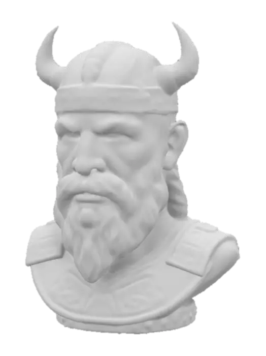 3D model for Viking Warrior Bust: A fierce Viking warrior with a braided beard and raised facial tattoos carved 2mm deep into the skin, battle-worn armor embossed with 2mm thick rune details, hyper-detailed textures perfect for realistic 3D prints
