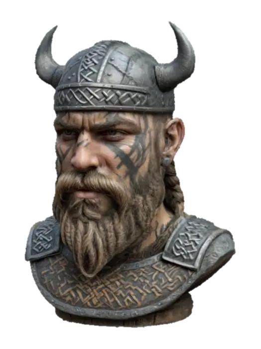 3D model for Viking Warrior Bust: A fierce Viking warrior with a braided beard and raised facial tattoos carved 2mm deep into the skin, battle-worn armor embossed with 2mm thick rune details, hyper-detailed textures perfect for realistic 3D prints
