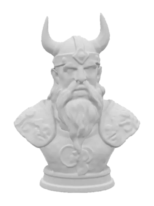 3D model for Viking Warrior Bust: A fierce Viking warrior with a braided beard and raised facial tattoos carved 2mm deep into the skin, battle-worn armor embossed with 2mm thick rune details, hyper-detailed textures perfect for realistic 3D prints
