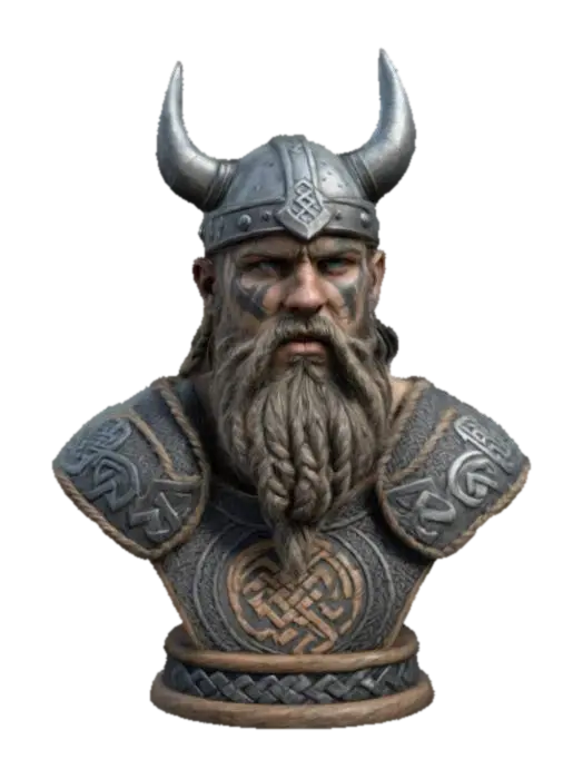 3D model for Viking Warrior Bust: A fierce Viking warrior with a braided beard and raised facial tattoos carved 2mm deep into the skin, battle-worn armor embossed with 2mm thick rune details, hyper-detailed textures perfect for realistic 3D prints
