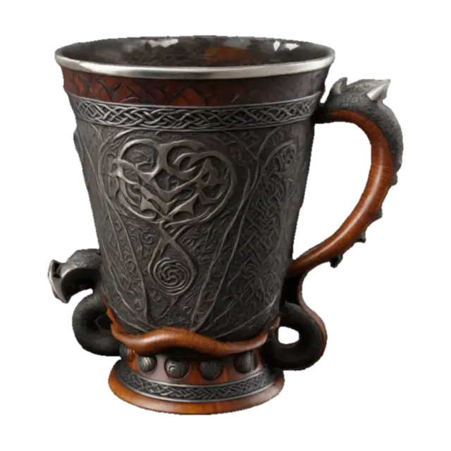 Modelong 3D ng A Viking horn cup and stand intricately carved with ancient Nordic symbols swirling…, ginawa ng AI