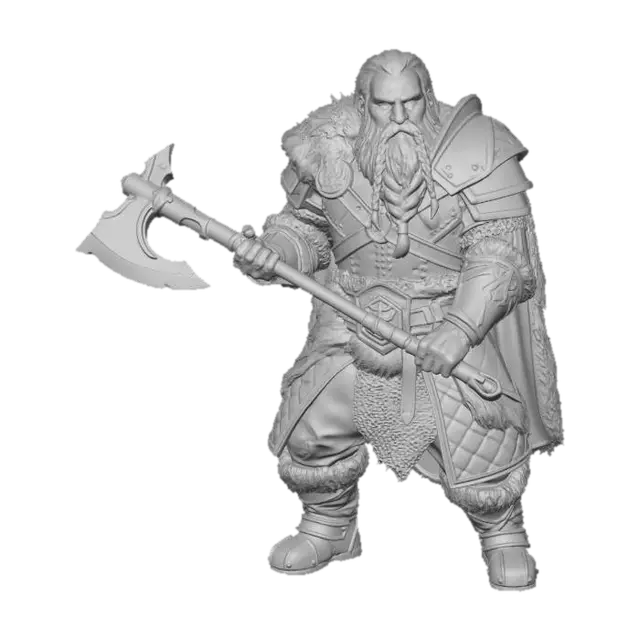 3D model for crie uma imagem de um anão guerreiro em pe com um machado de batalha apoiado no ombro olhando para frente com uma barba trançada roupas de guerreiro com uma base redonda com um chao rochoso