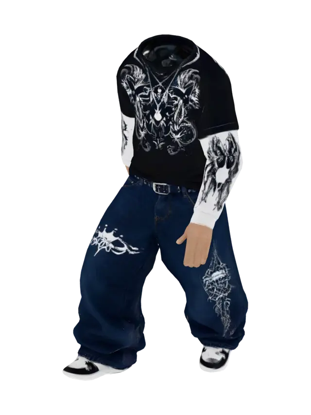 3D model for Front T-Pose Reference - Black Tee with White Ornate Print and Baggy Jeans