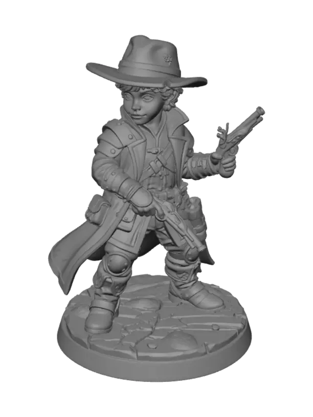 3D model for Create a highly detailed 3D tabletop miniature based on the uploaded reference image. Preserve the character's facial features, hairstyle, clothing, armor, and overall appearance while adapting them into a heroic fantasy Dungeons & Dragons style. He's a teenager halfling gunslinger. Dynamic but balanced adventuring pose suitable for a premium FDM miniature. Character stands on a textured round dungeon-style base. High-detail sculpt with crisp features, strong silhouette, clean topology, and realistic fantasy proportions. Designed as a collectible RPG miniature and optimized for 3D printing with durable connections and stable geometry.