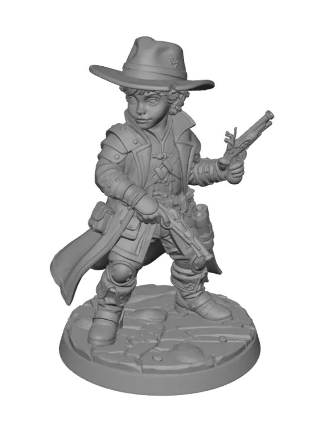 3D model for Create a highly detailed 3D tabletop miniature based on the uploaded reference image. Preserve the character's facial features, hairstyle, clothing, armor, and overall appearance while adapting them into a heroic fantasy Dungeons & Dragons style. He's a teenager halfling gunslinger. Dynamic but balanced adventuring pose suitable for a premium FDM miniature. Character stands on a textured round dungeon-style base. High-detail sculpt with crisp features, strong silhouette, clean topology, and realistic fantasy proportions. Designed as a collectible RPG miniature and optimized for 3D printing with durable connections and stable geometry.