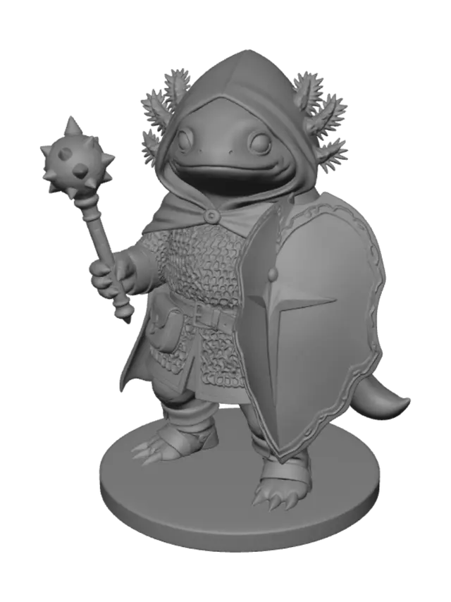 3D model for A full-body, front-facing fantasy character on a base in a neutral A-pose, optimized for 3D model generation. An adorable adult axolotl adventurer with pale pink skin, large glossy black eyes, feathery pink external gills, and a gentle smile. She wears a dark purple hooded cloak over a steel chain shirt with a leather belt, pouch, brown leather skirt panels, sturdy leather boots, and simple adventuring gear. In her right hand she carries a heavy steel flanged mace. In her left hand she holds a large ornate kite shield identical to the reference: polished silver face, blue border with delicate gold filigree, and a glowing golden cross-like emblem in the center. The shield should be slightly angled outward so the entire design is visible. Tail visible behind her.