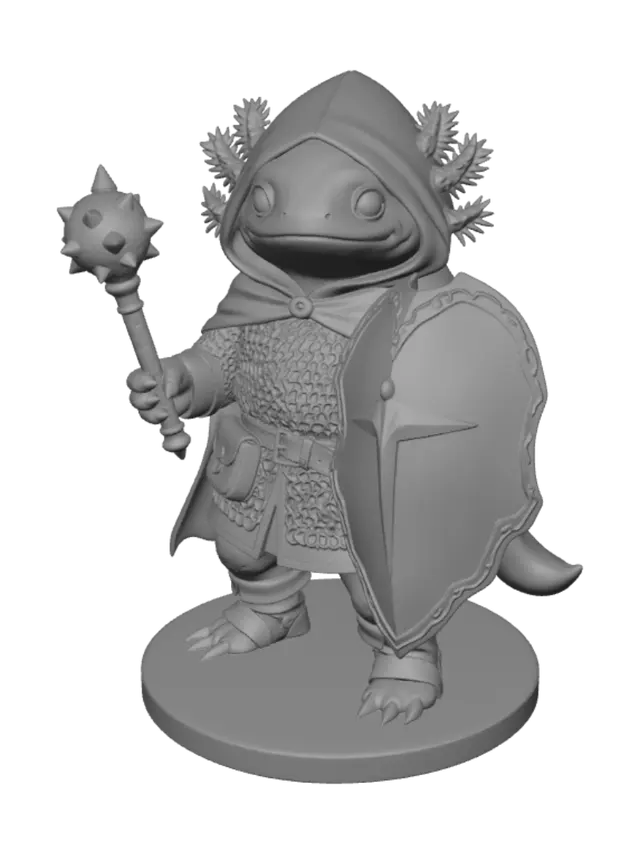 3D model for A full-body, front-facing fantasy character on a base in a neutral A-pose, optimized for 3D model generation. An adorable adult axolotl adventurer with pale pink skin, large glossy black eyes, feathery pink external gills, and a gentle smile. She wears a dark purple hooded cloak over a steel chain shirt with a leather belt, pouch, brown leather skirt panels, sturdy leather boots, and simple adventuring gear. In her right hand she carries a heavy steel flanged mace. In her left hand she holds a large ornate kite shield identical to the reference: polished silver face, blue border with delicate gold filigree, and a glowing golden cross-like emblem in the center. The shield should be slightly angled outward so the entire design is visible. Tail visible behind her.