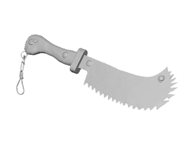 3D model for Post-apocalyptic cleaver made from half a circular saw blade, serrations partly ground down, cracked tooth tips, deep scratches. Tang welded into chunky handle with wood scales and bolts, wrapped with tape. Add hanging ring and small leather lanyard. PBR, realistic metal wear, game-ready.