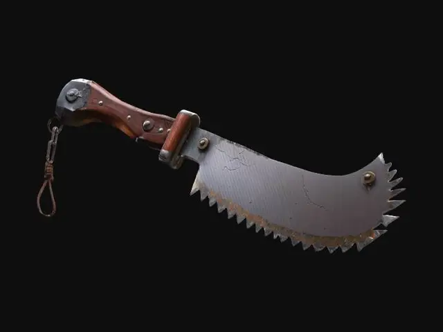 3D model for Post-apocalyptic cleaver made from half a circular saw blade, serrations partly ground down, cracked tooth tips, deep scratches. Tang welded into chunky handle with wood scales and bolts, wrapped with tape. Add hanging ring and small leather lanyard. PBR, realistic metal wear, game-ready.
