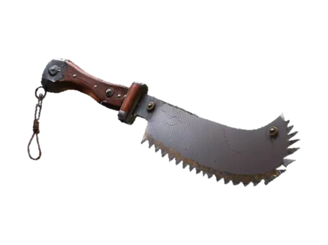3D model for Post-apocalyptic cleaver made from half a circular saw blade, serrations partly ground down, cracked tooth tips, deep scratches. Tang welded into chunky handle with wood scales and bolts, wrapped with tape. Add hanging ring and small leather lanyard. PBR, realistic metal wear, game-ready.
