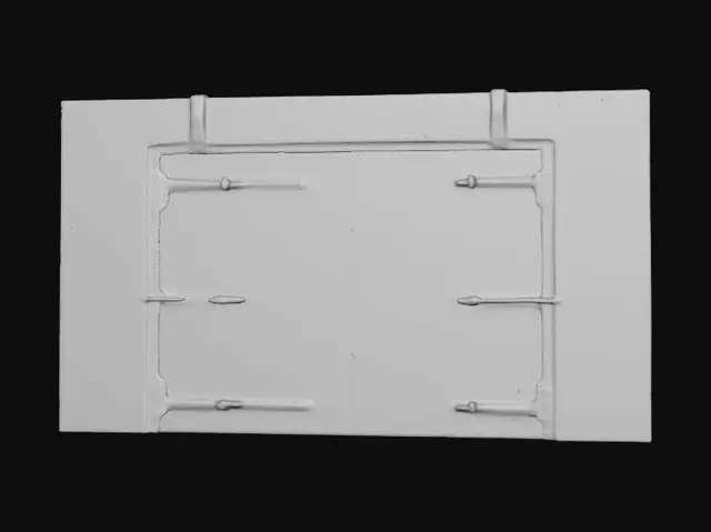 3D model for Heavy steel bunker blast door set in a rough concrete doorway, door partially open. Door is thick and rectangular with multiple inset panel sections, welded seams, and reinforced ribs. Large exposed hinges on one side, with a rugged handle/lock plate, latch hardware, and bolted details. Surface shows extreme age: layered orange-brown rust, heavy pitting, corrosion streaks, scratches, dents, and chipped edges. Old off-white/gray paint is flaking and peeling in patches, revealing dark bare metal beneath, especially around seams, corners, and hinge points. Concrete doorway frame is stained and weathered with rough texture, hairline cracks, chipped corners, and grime buildup along the edges. Rusty, molded, post apocalypse