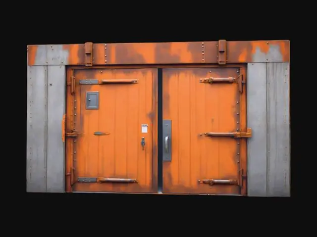3D model for Heavy steel bunker blast door set in a rough concrete doorway, door partially open. Door is thick and rectangular with multiple inset panel sections, welded seams, and reinforced ribs. Large exposed hinges on one side, with a rugged handle/lock plate, latch hardware, and bolted details. Surface shows extreme age: layered orange-brown rust, heavy pitting, corrosion streaks, scratches, dents, and chipped edges. Old off-white/gray paint is flaking and peeling in patches, revealing dark bare metal beneath, especially around seams, corners, and hinge points. Concrete doorway frame is stained and weathered with rough texture, hairline cracks, chipped corners, and grime buildup along the edges. Rusty, molded, post apocalypse
