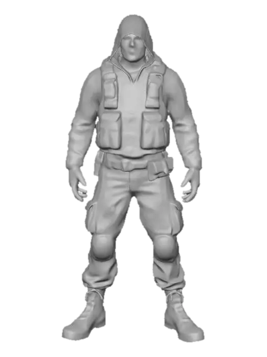 3D model for Post-apocalyptic survivor, full-body, realistic proportions, layered scavenger outfit: faded hooded jacket over patched tactical vest, ripped cargo pants, knee pads, worn combat boots, fingerless gloves. Mixed materials: canvas, leather, duct-tape repairs, stitched patches, dirt and oil stains. Utility belt with pouches, rope, carabiners, canteen, small med kit. Face: light stubble, tired eyes, dust mask hanging on neck, small scar on cheek. Neutral pose, clean silhouette, game-ready, PBR textures.