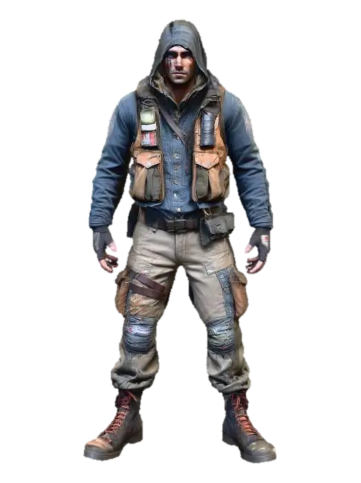 3D model for Post-apocalyptic survivor, full-body, realistic proportions, layered scavenger outfit: faded hooded jacket over patched tactical vest, ripped cargo pants, knee pads, worn combat boots, fingerless gloves. Mixed materials: canvas, leather, duct-tape repairs, stitched patches, dirt and oil stains. Utility belt with pouches, rope, carabiners, canteen, small med kit. Face: light stubble, tired eyes, dust mask hanging on neck, small scar on cheek. Neutral pose, clean silhouette, game-ready, PBR textures.