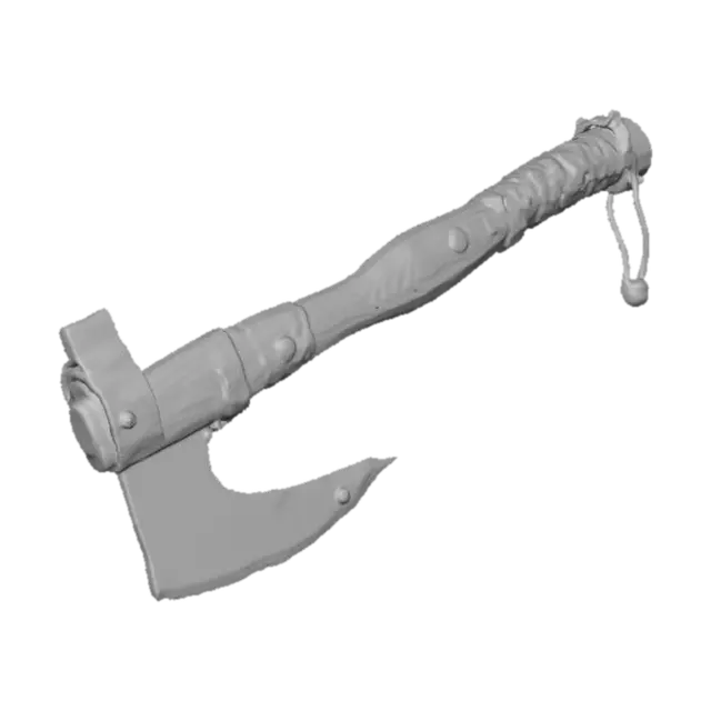 3D model for Post-apocalyptic scrap machete, full weapon, forged from a leaf spring, thick chipped blade with uneven grind, hammered texture, rust specks, sharpened edge. Handle wrapped in dirty cloth tape over cracked wood, metal pommel cap, improvised finger guard from bent rebar. Small rivets, dents, blood-dark stains, grime in creases. PBR metal/roughness, realistic wear, game-ready, centered, neutral background.
