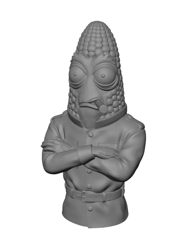 3D model for A bust corn on the cob in an army uniform with big bug eyes crossing his arms with a cigar in his mouth no cape or background