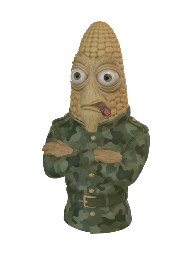 3D model for A bust corn on the cob in an army uniform with big bug eyes crossing his arms with a cigar in his mouth no cape or background