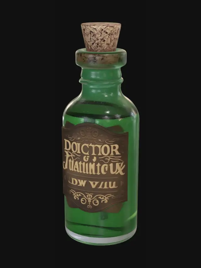 3D model for potion de soin mineure dans l'univers de Warhammer le jeu de rôle, un peu rustique et de faible valeur, avec marqué sur l'étiquette "Elixir du docteur Jvamieux"