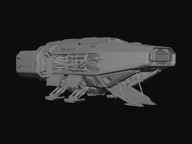 3D model for 소형 산업형 SF 우주선
날렵한 실루엣의 우주선, 노출된 기계 구조와 배관, 하드서피스 패널 디테일
낡고 오래 사용된 금속 재질, 스크래치
푸른색 라인 마킹과 산업용 경고 디테일
우주선 하부 랜딩기어와 정비용 램프가 펼쳐져 있음
흰색배경, 영화 스틸컷 같은 구도, 시네마틱 와이드샷,실사 기반 포토리얼, ultra realistic, cinematic sci-fi, hard surface design, industrial spaceship, AAA movie quality, unreal engine 5, ray tracing, volumetric fog, highly detailed, 8k