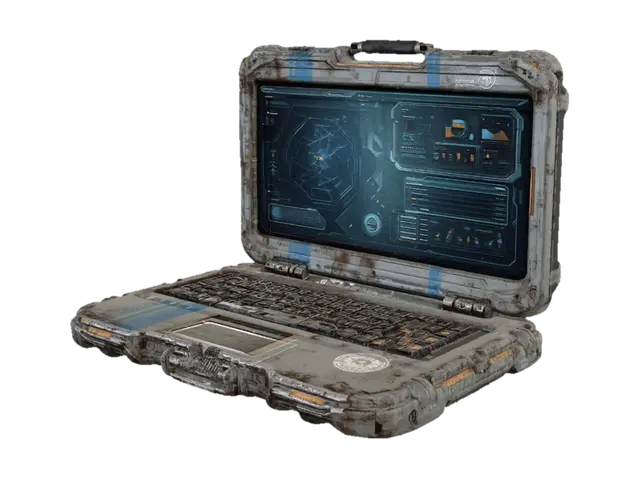 Modelong 3D na 흰색배경, sci fi 정비 노트북 ,빈티지 느낌의 텍스처,파란색 라인 마킹 - Laptop, ginawa ng AI