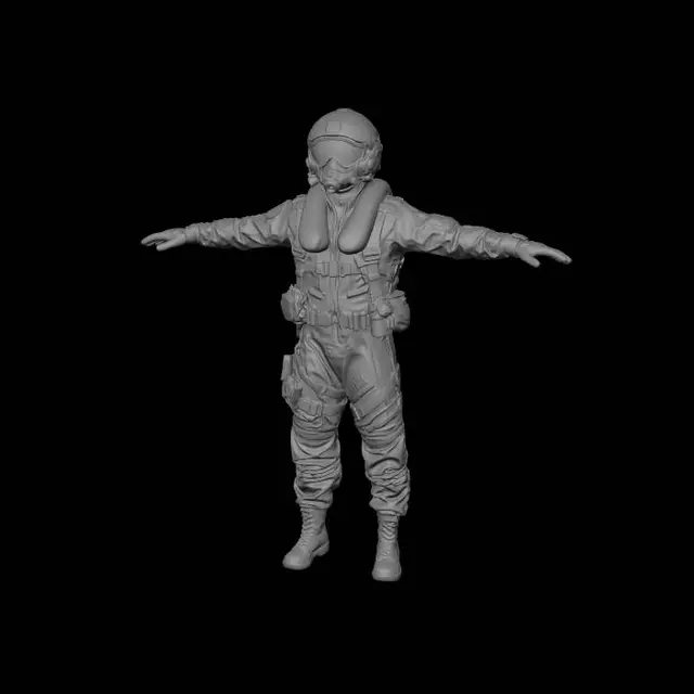 3D model for 현대 전투기 파일럿, 정면 T포즈, 양팔을 수평으로 완전히 펼친 자세
회색 파일럿 점프수트 착용, 사실적인 주름과 재질 표현
흰색 파일럿 헬멧과 황금빛 바이저 고글,마스크 착용
목에는 두꺼운 생존용 플로팅 칼라(구명 칼라)
가슴과 허리에 다양한 전술 파우치와 생존 장비 부착
검은 장갑 착용
베이지색 군용 전투화 착용
현실적인 인체 비율, 군용 장비 디테일, 하드서피스 느낌
전신 풀샷, 흰색 배경,포토리얼
