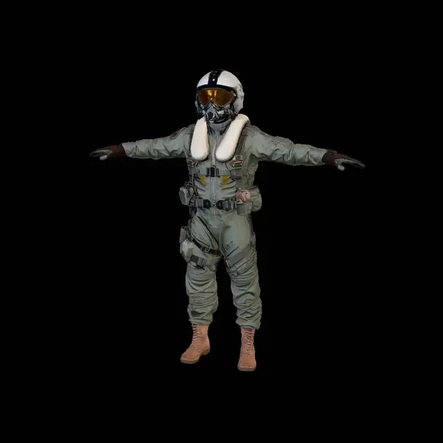 3D model for 현대 전투기 파일럿, 정면 T포즈, 양팔을 수평으로 완전히 펼친 자세
회색 파일럿 점프수트 착용, 사실적인 주름과 재질 표현
흰색 파일럿 헬멧과 황금빛 바이저 고글,마스크 착용
목에는 두꺼운 생존용 플로팅 칼라(구명 칼라)
가슴과 허리에 다양한 전술 파우치와 생존 장비 부착
검은 장갑 착용
베이지색 군용 전투화 착용
현실적인 인체 비율, 군용 장비 디테일, 하드서피스 느낌
전신 풀샷, 흰색 배경,포토리얼