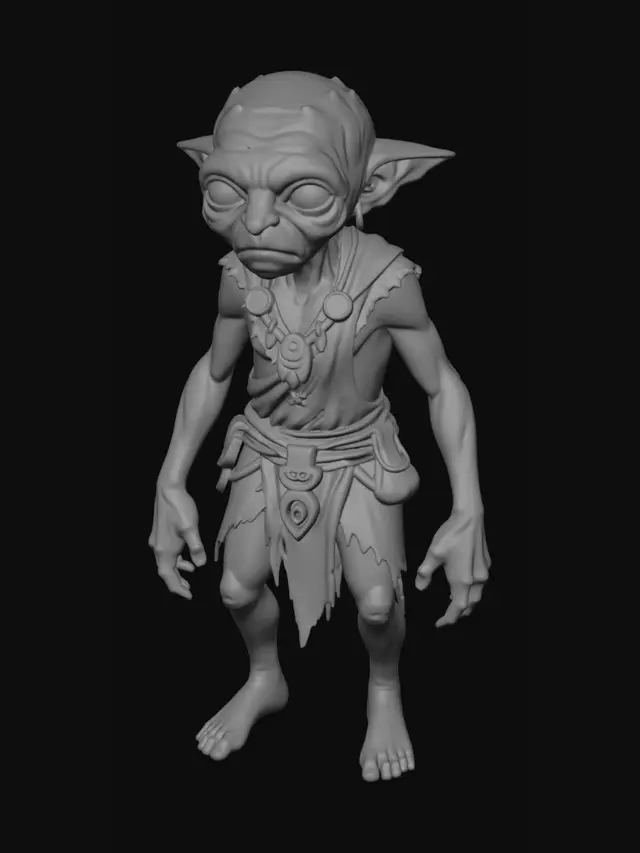 3D model for Full-body concept art of a small, ancient, mystical elf creature, curious and friendly expression. Unique non-generic fantasy design, large expressive eyes, subtle magical veins glowing on its skin. Standing on a rocky floor inside an ancient glowing cave. God of War Ragnarok aesthetic, high-end 3D video game render, highly detailed character design, cinematic lighting.