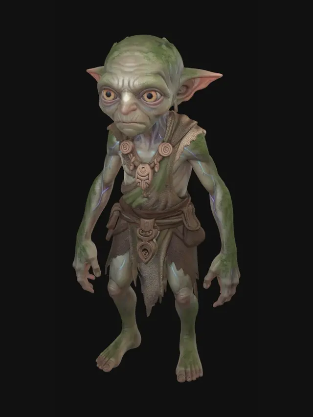 3D model for Full-body concept art of a small, ancient, mystical elf creature, curious and friendly expression. Unique non-generic fantasy design, large expressive eyes, subtle magical veins glowing on its skin. Standing on a rocky floor inside an ancient glowing cave. God of War Ragnarok aesthetic, high-end 3D video game render, highly detailed character design, cinematic lighting.