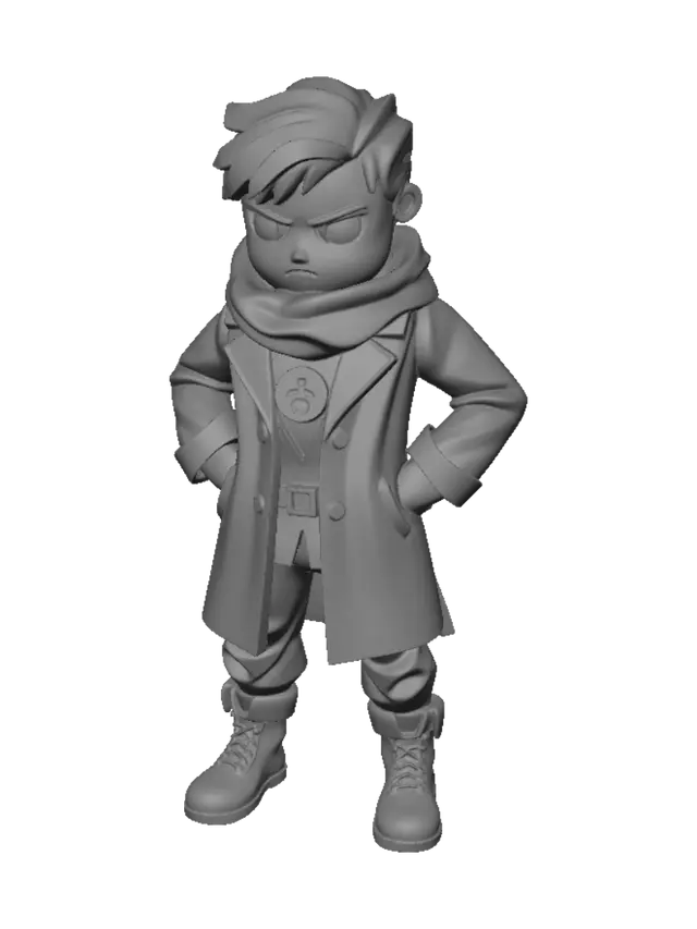 3D model for Low poly blocky humanoid hero, Roblox style, dark fantasy anime. Large cube head, thick short arms and legs, rectangular body, no rounded shapes. About 1000 triangles. Flat colors only, no textures. Dark hair #241D33, red scarf #C9424A with one loose tail, dark blue coat #1D2B52, skin #F2C9A0, cyan rune #5FE8C6 on chest. Small square dark eyes, leather boots, serious expression. Cute but heroic. Optimized for mobile game. Clean silhouette, front facing, T-pose, game-ready GLB.