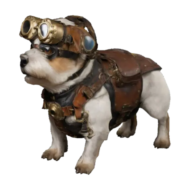 A loyal steampunk dog, resembling a medium-sized terrier with a sturdy build. Wears… 3D model, vytvořený pomocí AI