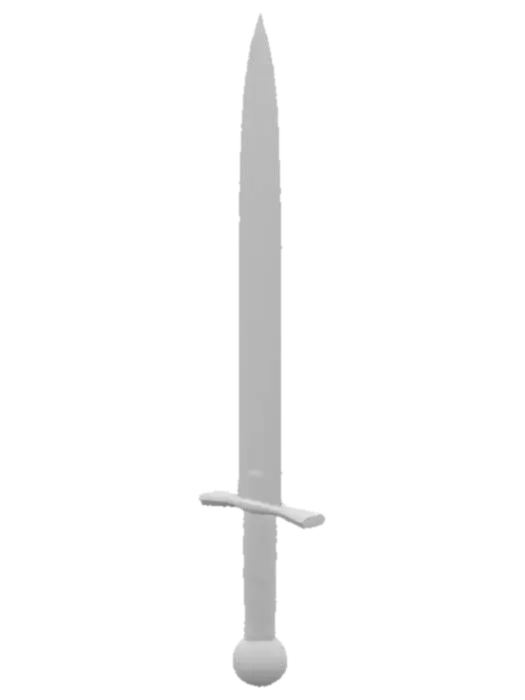 3D model for The sword has a straight, double-edged blade that slightly tapers to a point. It's not too wide, built for basic combat. The crossguard is a simple straight bar, nothing decorative. The grip is short, wrapped in worn leather, and ends with a round metal pommel. The blade and guard are dull gray steel with scratches and a rough-forged look—used, but still strong. Nothing shiny or polished, just a reliable, rugged weapon a commoner would carry.