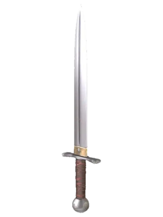 3D model for The sword has a straight, double-edged blade that slightly tapers to a point. It's not too wide, built for basic combat. The crossguard is a simple straight bar, nothing decorative. The grip is short, wrapped in worn leather, and ends with a round metal pommel. The blade and guard are dull gray steel with scratches and a rough-forged look—used, but still strong. Nothing shiny or polished, just a reliable, rugged weapon a commoner would carry.