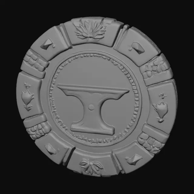 3D model for Single fantasy coin/chip frame design for Valkarion. Create only the outer decorative design and border. Leave the entire center area completely empty, flat and circular for custom numbering to be added later. No numbers, no letters, no text, no runes, no symbols in the center. Decorations only around the outer ring. Valkarion blacksmith theme: anvil, hammer, shield, armor plates, forge details, metal engravings, medieval craftsmanship. Poker-chip inspired segmented edge, embossed metal details, realistic steel and bronze materials, highly detailed fantasy RPG style, clean symmetrical design, centered object, game-ready asset. Empty center must occupy at least 60% of the front face.Generate ONE coin only. Do not generate a set of coins.