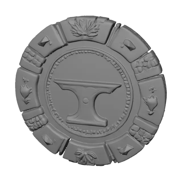 3D model for Single fantasy coin/chip frame design for Valkarion. Create only the outer decorative design and border. Leave the entire center area completely empty, flat and circular for custom numbering to be added later. No numbers, no letters, no text, no runes, no symbols in the center. Decorations only around the outer ring. Valkarion blacksmith theme: anvil, hammer, shield, armor plates, forge details, metal engravings, medieval craftsmanship. Poker-chip inspired segmented edge, embossed metal details, realistic steel and bronze materials, highly detailed fantasy RPG style, clean symmetrical design, centered object, game-ready asset. Empty center must occupy at least 60% of the front face.Generate ONE coin only. Do not generate a set of coins.