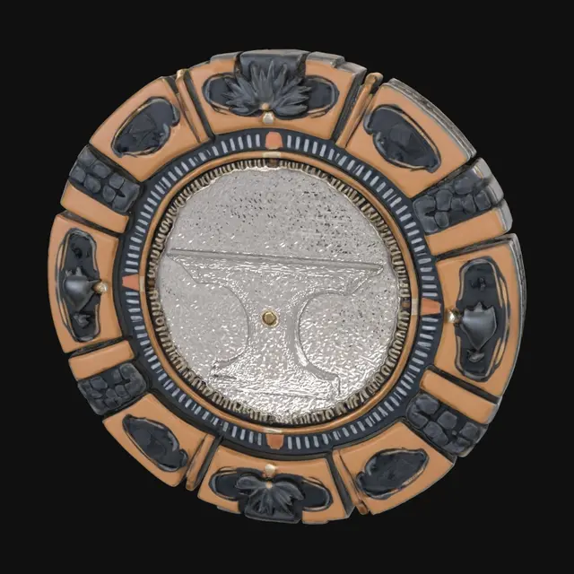 3D model for Single fantasy coin/chip frame design for Valkarion. Create only the outer decorative design and border. Leave the entire center area completely empty, flat and circular for custom numbering to be added later. No numbers, no letters, no text, no runes, no symbols in the center. Decorations only around the outer ring. Valkarion blacksmith theme: anvil, hammer, shield, armor plates, forge details, metal engravings, medieval craftsmanship. Poker-chip inspired segmented edge, embossed metal details, realistic steel and bronze materials, highly detailed fantasy RPG style, clean symmetrical design, centered object, game-ready asset. Empty center must occupy at least 60% of the front face.Generate ONE coin only. Do not generate a set of coins.