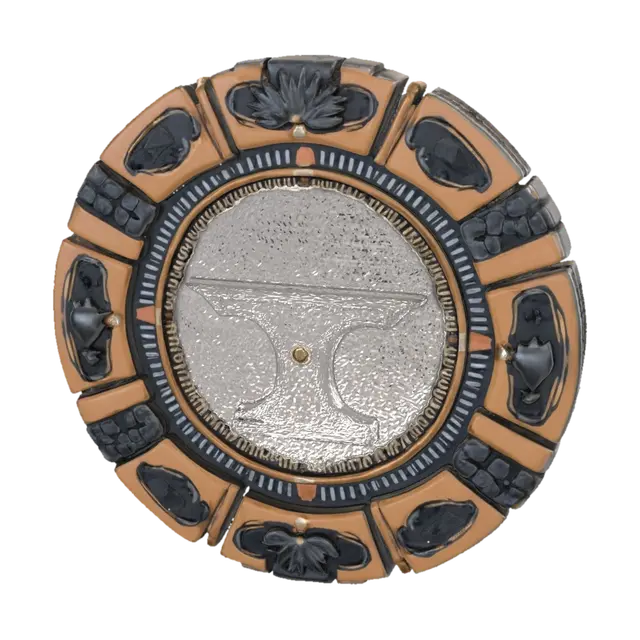 3D model for Single fantasy coin/chip frame design for Valkarion. Create only the outer decorative design and border. Leave the entire center area completely empty, flat and circular for custom numbering to be added later. No numbers, no letters, no text, no runes, no symbols in the center. Decorations only around the outer ring. Valkarion blacksmith theme: anvil, hammer, shield, armor plates, forge details, metal engravings, medieval craftsmanship. Poker-chip inspired segmented edge, embossed metal details, realistic steel and bronze materials, highly detailed fantasy RPG style, clean symmetrical design, centered object, game-ready asset. Empty center must occupy at least 60% of the front face.Generate ONE coin only. Do not generate a set of coins.