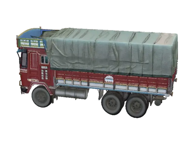 Vibrant decorated truck carrying a tarpaulin-covered load - Livery 3D model, vytvořený pomocí AI