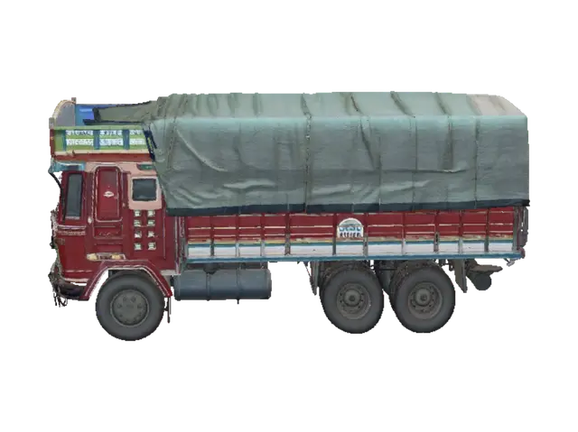 Vibrant decorated truck carrying a tarpaulin-covered load - Livery 3D model, vytvořený pomocí AI