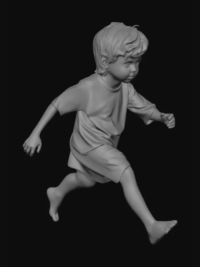 3D model for Generate a video of a child running alongside a river, looking scared and occasionally glancing behind him. Suddenly, he finds a small cave and enters to hide. The cave is dark. (Sounds are added)