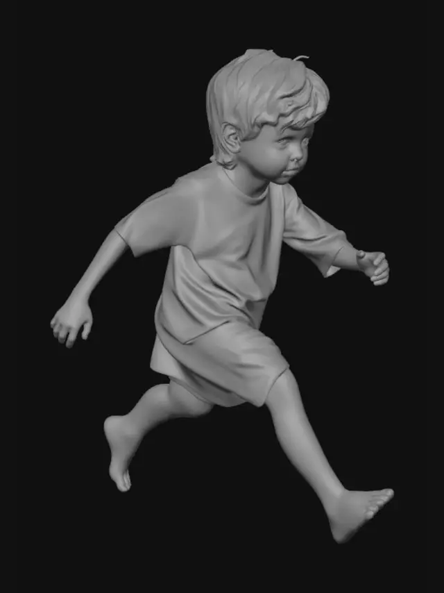 3D model for Generate a video of a child running alongside a river, looking scared and occasionally glancing behind him. Suddenly, he finds a small cave and enters to hide. The cave is dark. (Sounds are added)