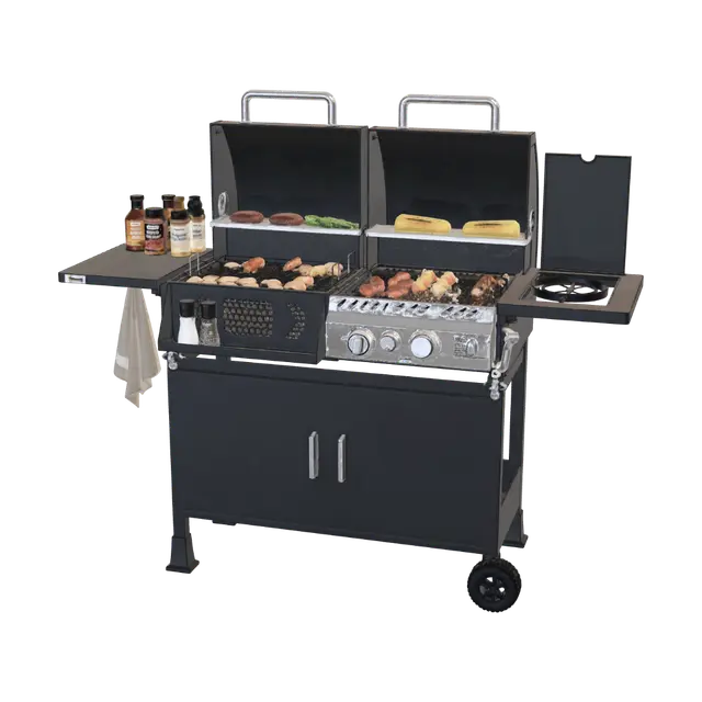 Double-Hood Outdoor Gas Grill with Side Prep Area and Cabinet 3D-model, gegenereerd door AI