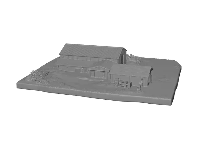 3D model for Create one photorealistic isometric scene render of this farm building complex including its full surrounding ground context: the brown vinyl-sided wing with garage/man-doors on one end, connecting to the long gray corrugated-metal barn wing with the large white roll-up door (with a yellow door immediately to its left on the same facade) and small windows along its side. Include the gravel driveway, patches of grass, and the scattered wood/debris piles exactly as shown in the reference photos, positioned near the building as in reality — do not remove or clean up the debris this time. Show it as one grounded scene on a slightly raised earth/dirt base like a scale diorama, with the building and all surrounding elements (gravel, grass, debris piles, small containers) rendered together.