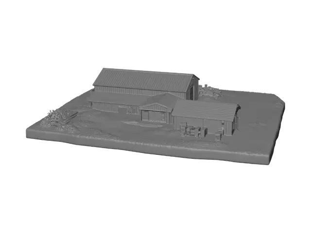 3D model for Create one photorealistic isometric scene render of this farm building complex including its full surrounding ground context: the brown vinyl-sided wing with garage/man-doors on one end, connecting to the long gray corrugated-metal barn wing with the large white roll-up door (with a yellow door immediately to its left on the same facade) and small windows along its side. Include the gravel driveway, patches of grass, and the scattered wood/debris piles exactly as shown in the reference photos, positioned near the building as in reality — do not remove or clean up the debris this time. Show it as one grounded scene on a slightly raised earth/dirt base like a scale diorama, with the building and all surrounding elements (gravel, grass, debris piles, small containers) rendered together.