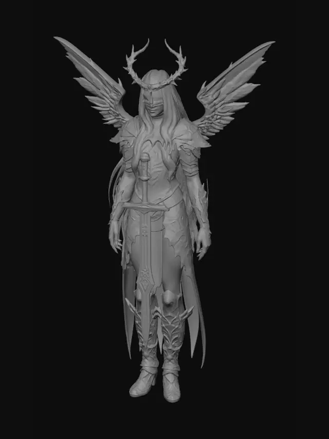 3D model for una aasimar caido diosa mujer sin alas con una espada y tendra una armadura de espinas, una corona de espinas y una venda en los ojos,tendra el pelo largo