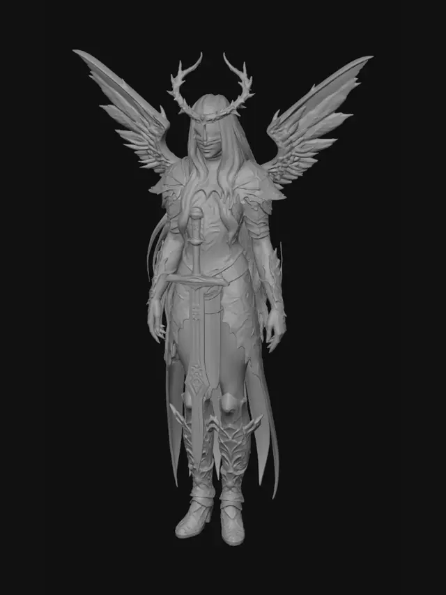 3D model for una aasimar caido diosa mujer sin alas con una espada y tendra una armadura de espinas, una corona de espinas y una venda en los ojos,tendra el pelo largo