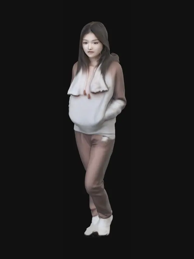3D model for 一位20岁左右的东亚女性，留着深棕色齐肩直发，面部圆润饱满，五官对称立体：双眼皮大眼、高鼻梁、淡粉色嘴唇微扬，皮肤白皙带自然红晕，穿着浅灰色连帽卫衣。