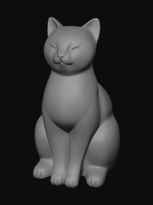 3D model for A minimalist Japandi-style cat figurine sitting gracefully, with smooth curves and a balanced, elegant silhouette. The design blends Japanese simplicity and Scandinavian warmth, featuring clean lines, soft edges, and a calm, serene expression. The figurine has a matte ceramic texture in neutral tones like beige, off-white, or light gray. Placed on a wooden surface with soft natural lighting, surrounded by a simple, uncluttered interior. শান্ত, harmonious, and timeless aesthetic.