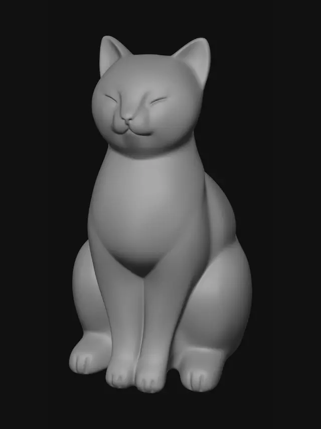 3D model for A minimalist Japandi-style cat figurine sitting gracefully, with smooth curves and a balanced, elegant silhouette. The design blends Japanese simplicity and Scandinavian warmth, featuring clean lines, soft edges, and a calm, serene expression. The figurine has a matte ceramic texture in neutral tones like beige, off-white, or light gray. Placed on a wooden surface with soft natural lighting, surrounded by a simple, uncluttered interior. শান্ত, harmonious, and timeless aesthetic.