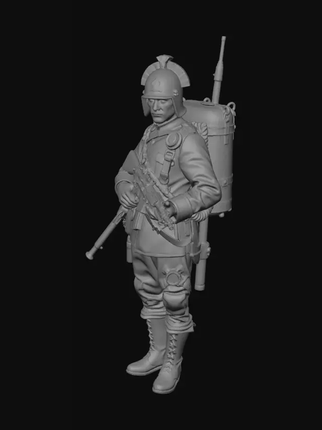 3D model for prussian inspired basic infantry steampunk with rifle and backpack, stalhelm-like helmet for tabletop wargame, male no face mask, clockwork gadgets